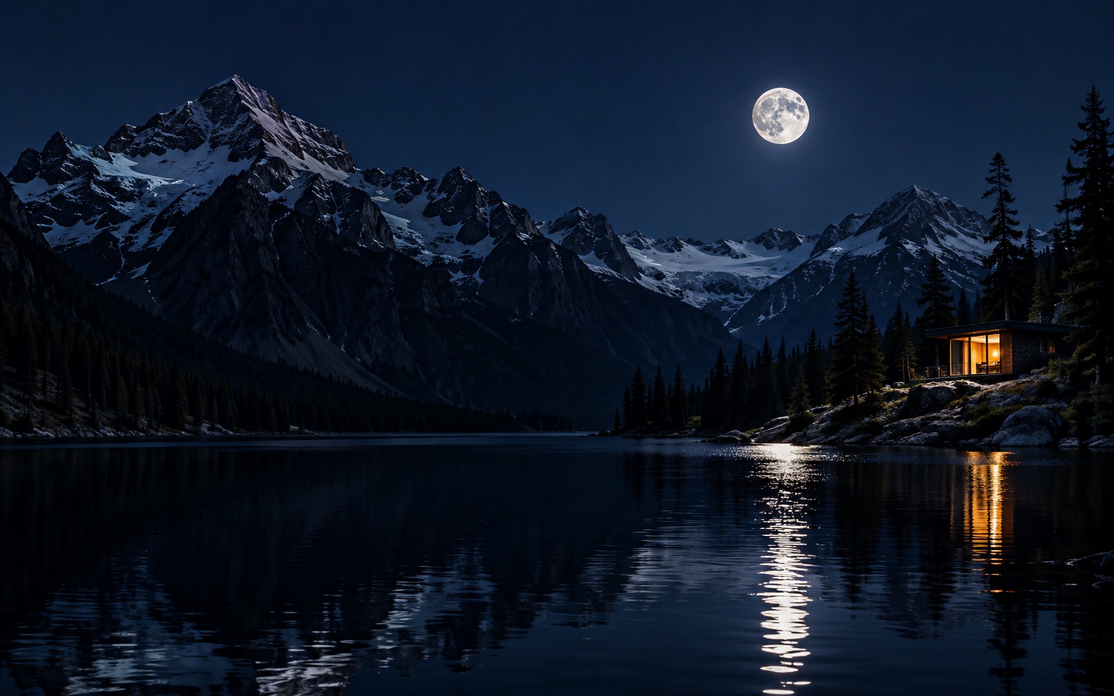 Moonlit mountain lake shown with a darker SDR treatment
