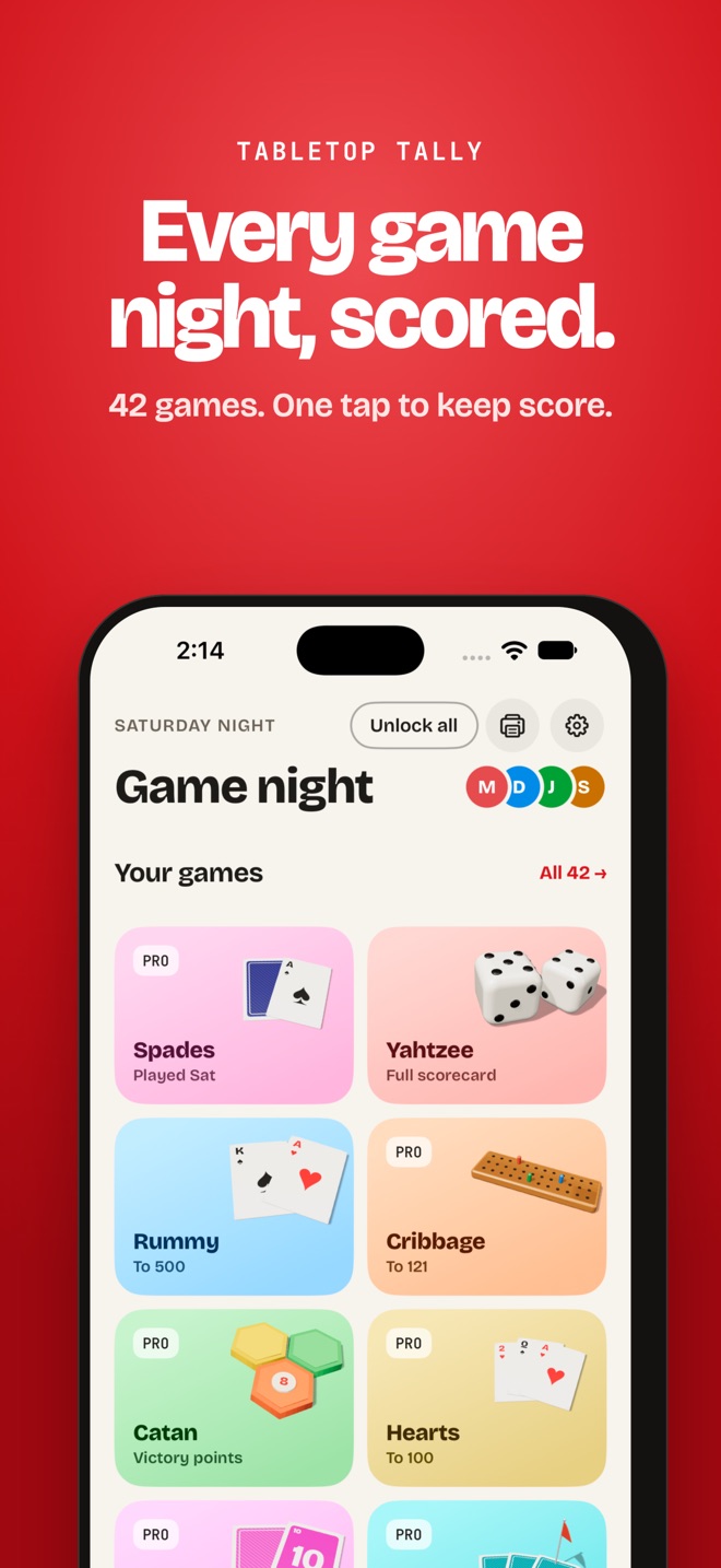 Tabletop Tally game-night library showing scorecards for dice, card, and board games