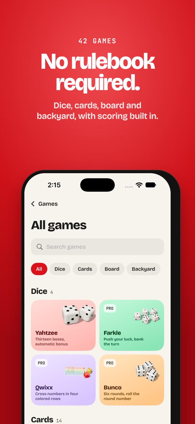 Library of dice and card scorecards